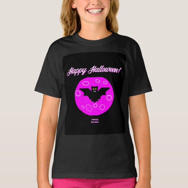 Camiseta Halloween Bat Girls Black Basic T Shirt (Frente)