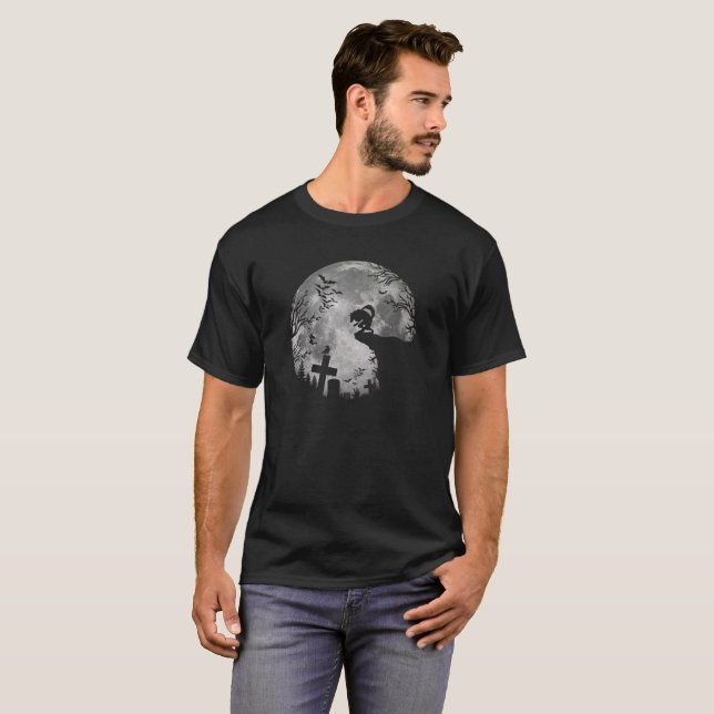 Camiseta Halloween Bats e Lobo Negro Howling Lua (Frente Completa)