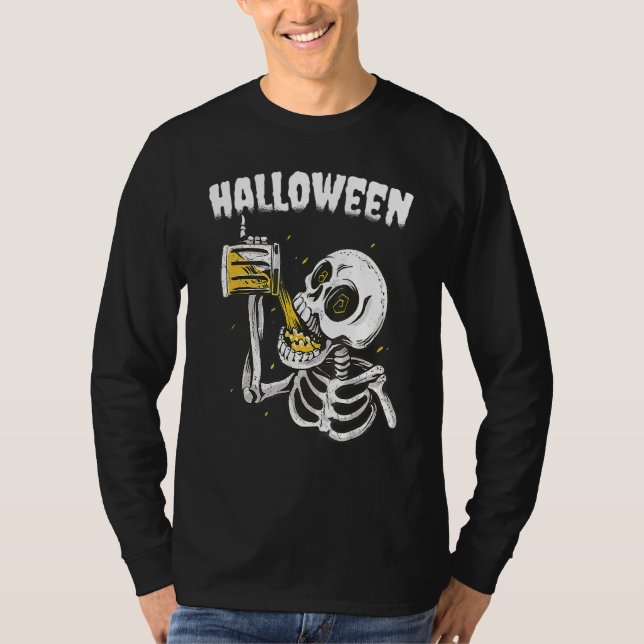 Camiseta Halloween Beer Drinking Skeleton (Frente)