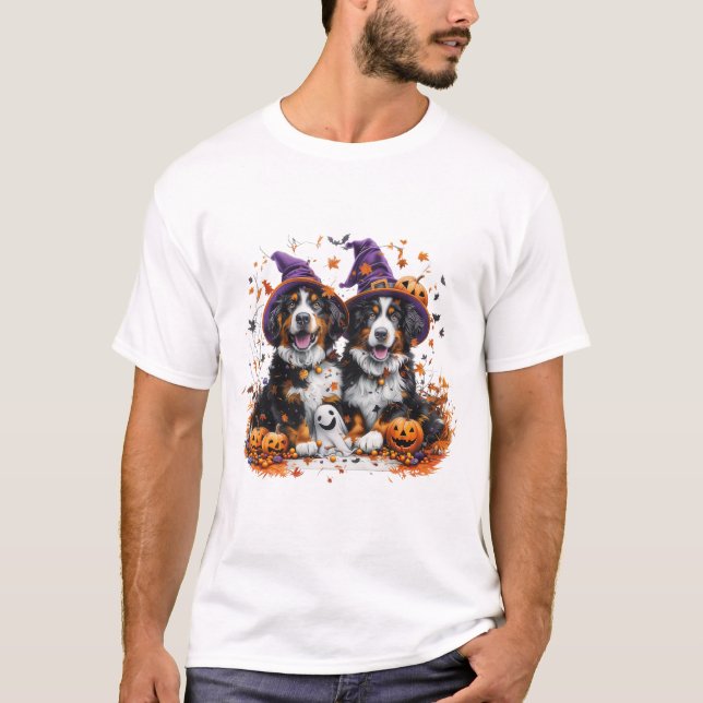 Camiseta Halloween Bernese Mountain Dogs Witch Ghost (Frente)