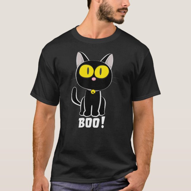 Camiseta Halloween Black Cat Boo Yellow Eyes (Frente)