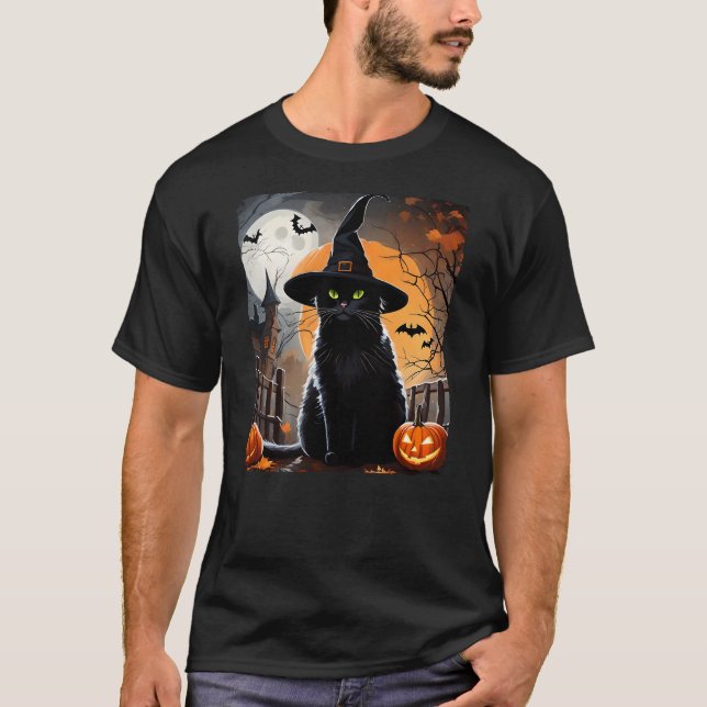 Camiseta Halloween Black Cat Hat Spooky Cat and Pumpkin Gra (Frente)