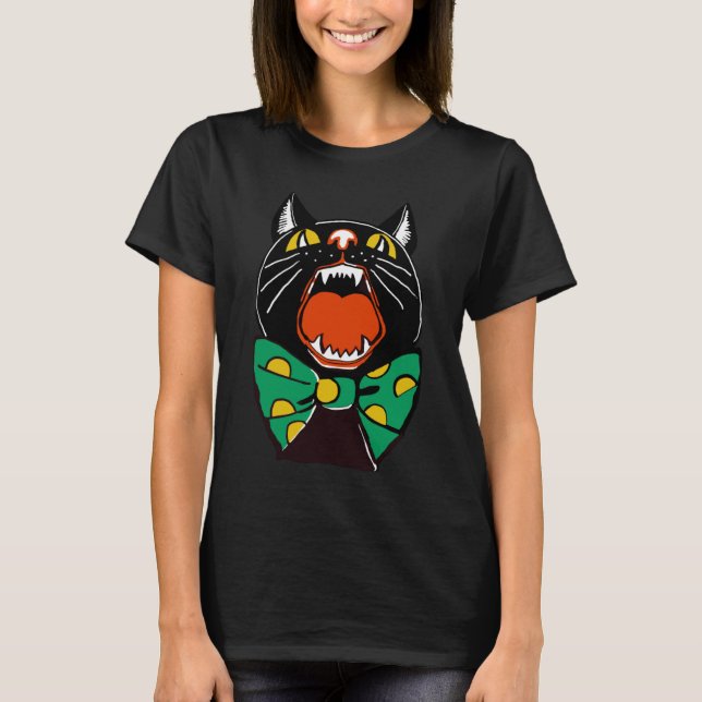 Camiseta Halloween Black Cat Meowing With Large Green Polka (Frente)