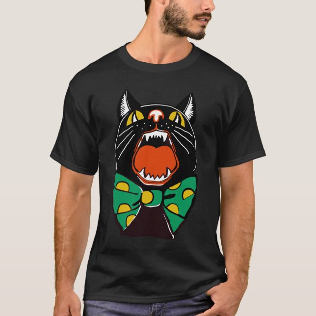 Camiseta Halloween Black Cat Meowing With Large Green Polka (Frente)