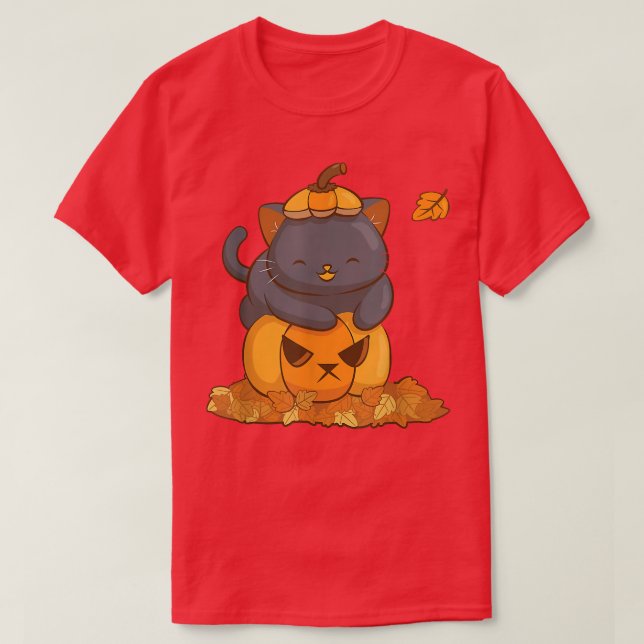 Camiseta Halloween Black Cat on Pumpkin with Autumn Leaves  (Frente do Design)