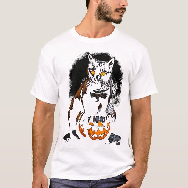 Camiseta Halloween Black Cat Sticker1 (Frente)