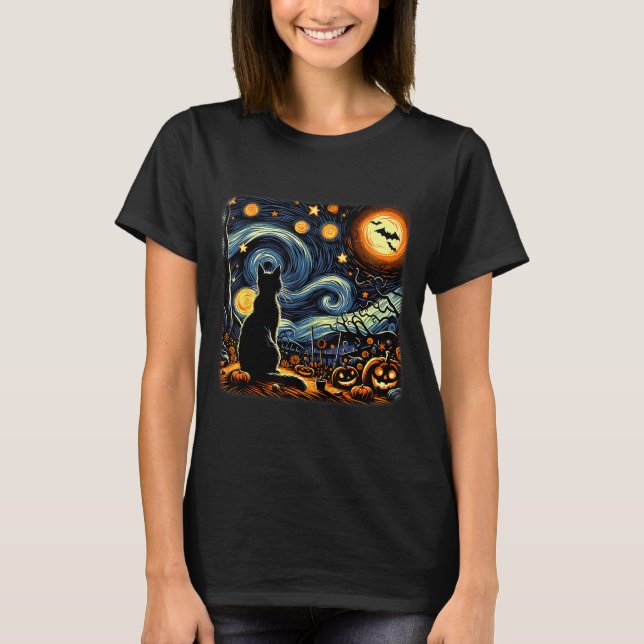Camiseta Halloween Black Cat Van Gogh Starry Night Cat Love (Frente)