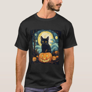 Camiseta Halloween Black Cat Van Gogh Witch Starry Night Ar