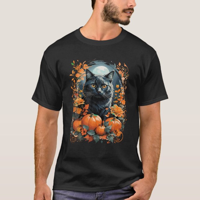 Camiseta Halloween Black Cat Witch Hat Fall Vibs T Shirt (Frente)