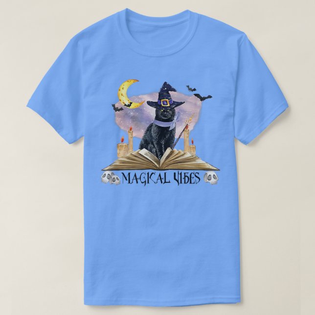 Camiseta Halloween Black Cat Witch Hat & Moon Magical Vibes (Frente do Design)