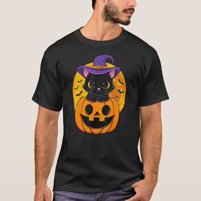Camiseta Halloween Black Cat Witch Hat Pumpkin (Frente)