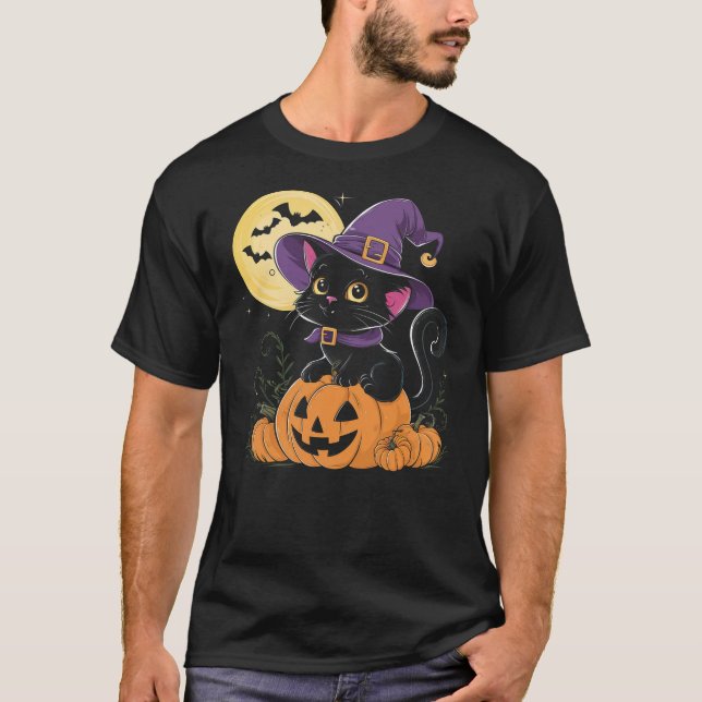 Camiseta Halloween Black Cat Witch Hat Pumpkin For Kids Gir (Frente)