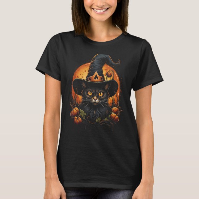 Camiseta Halloween Black Cat Witch Hat Pumpkin Moon Graphic (Frente)