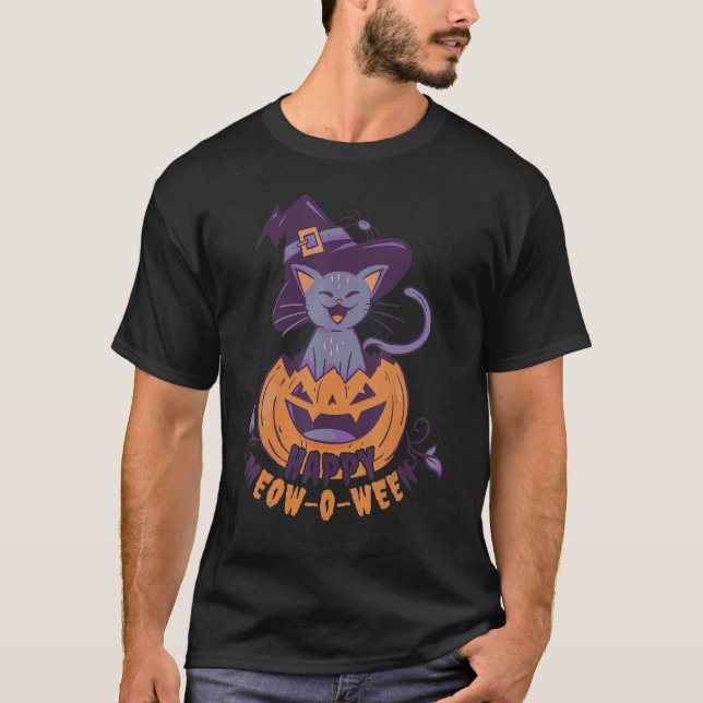 Camiseta Halloween Black Cat With Witches Pumpkin Hat For K (Frente)