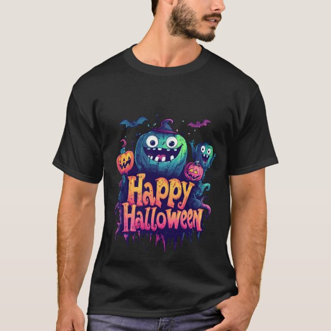 Camiseta Halloween Blue and Yellow Pumpkin T-Shirt (Frente)