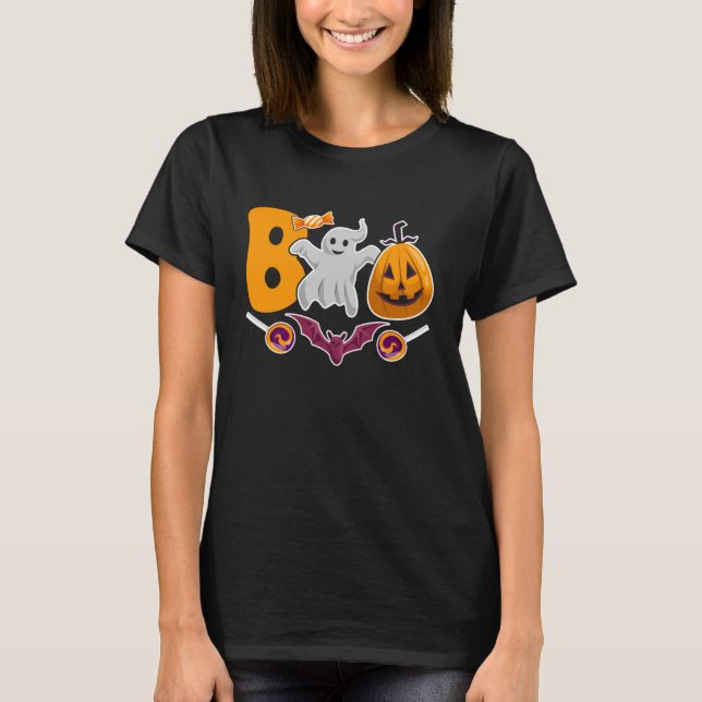 Camiseta Halloween Boo Cute Ghost Pumpkin Spider Web Hallow (Frente)