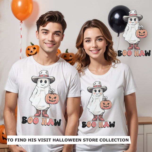 Camiseta Halloween boo haw garota fantasma do oeste (Couples matching halloween  t-shirt cowboy & cowgirl ghost design. Boo Haw.)