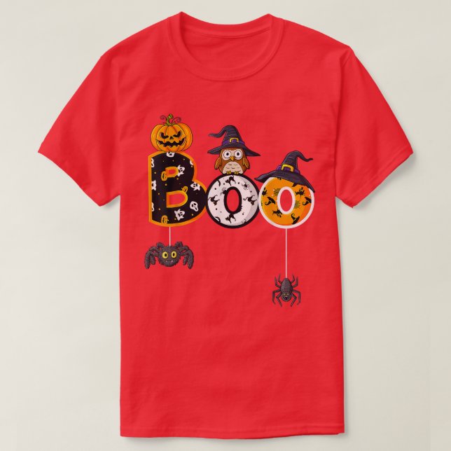 Camiseta Halloween Boo Owl With Witch Hat Spiders Boys Girl (Frente do Design)