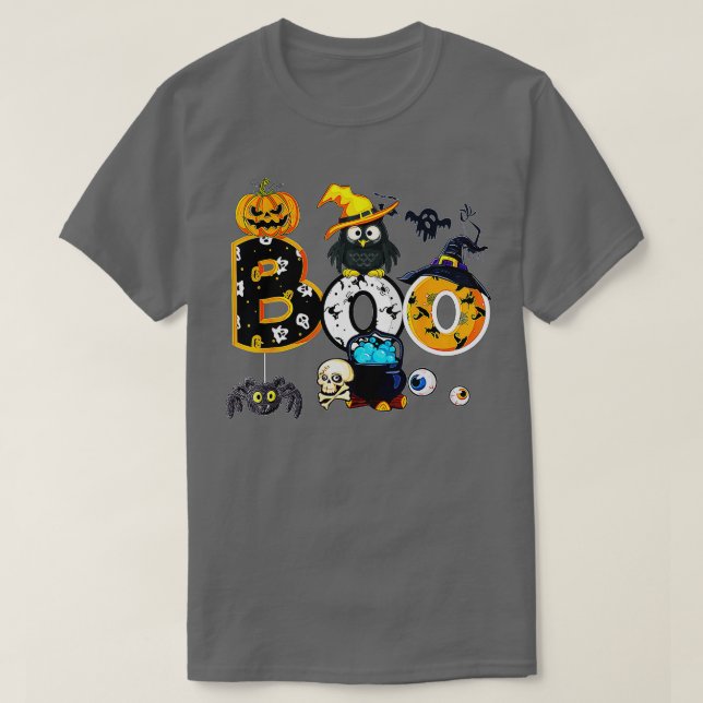 Camiseta Halloween Boo Owl With Witch Hat Spiders Boys Girl (Frente do Design)