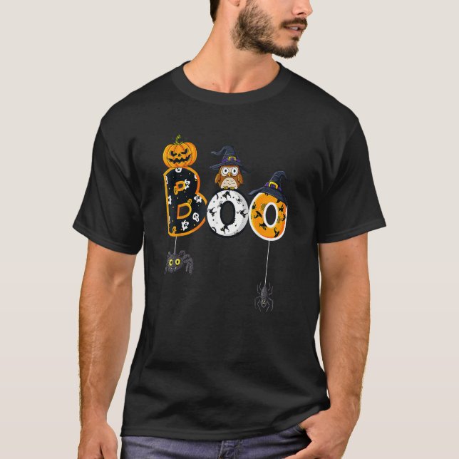Camiseta Halloween Boo Owl With Witch Hat Spiders Boys Girl (Frente)