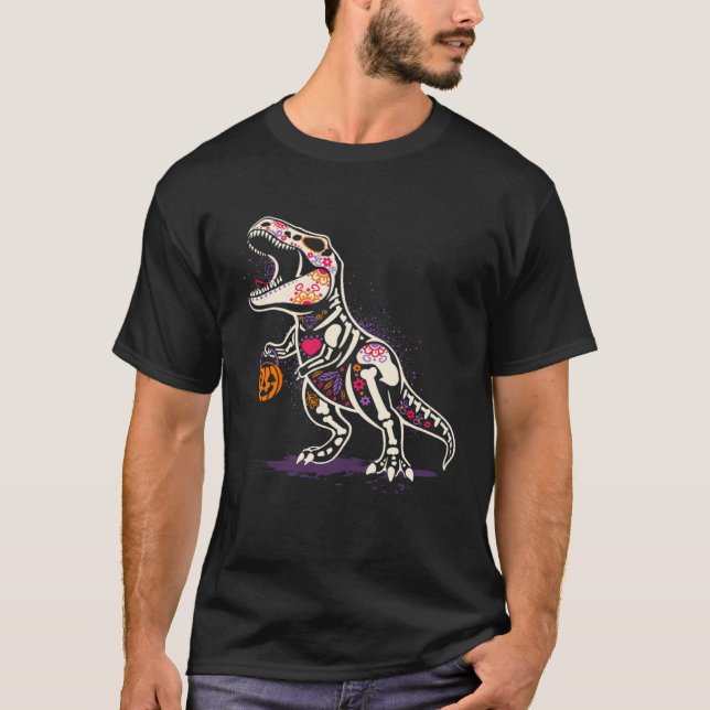 Camiseta Halloween Boys Dinosaur Skeleton rex Scary Pumpkin (Frente)
