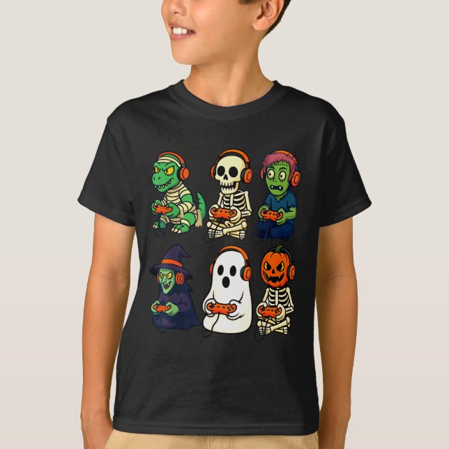 Camiseta Halloween Boys Kids Gamer Dinosaur Skeleton Ghost  (Frente)