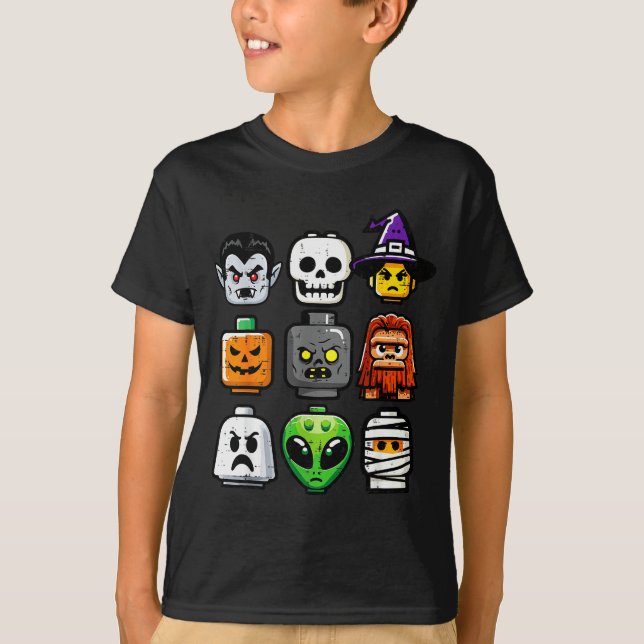 Camiseta Halloween Brick Pumpkin Ghost Heads Costume Boys K (Frente)