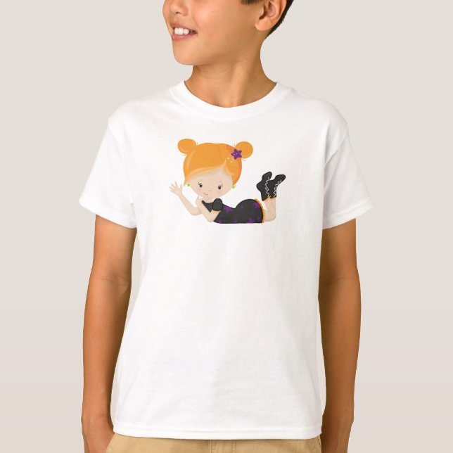 Camiseta Halloween, Bruxa, Cabelo Laranja, Truque Ou Tratar (Frente)