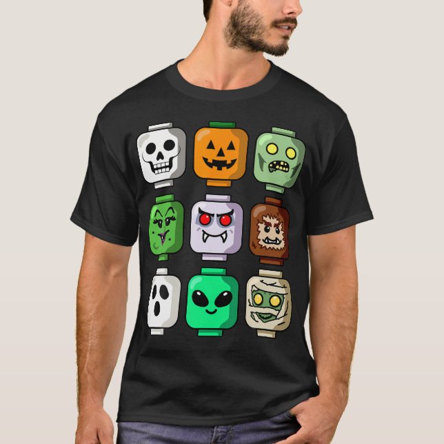 Camiseta Halloween Building Brick Head Pumpkin Ghost Zombie (Frente)