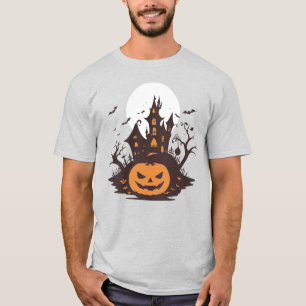 Camiseta 🎃 Halloween - Castelo e Pumpkins na Lua