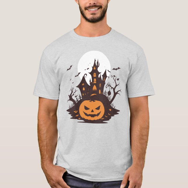 Camiseta 🎃 Halloween - Castelo e Pumpkins na Lua (Frente)