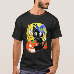 Camiseta Halloween Cat Pumpkin Witch Hat Orange Costume