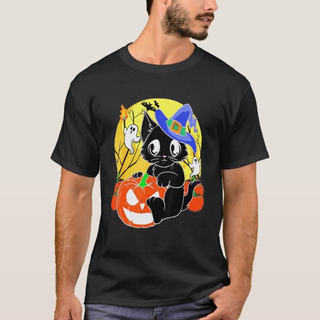 Camiseta Halloween Cat Pumpkin Witch Hat Orange Costume (Frente)
