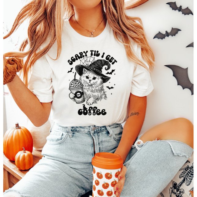 Camiseta Halloween Cat Scary Til Eu Tomo Café (Criador carregado)