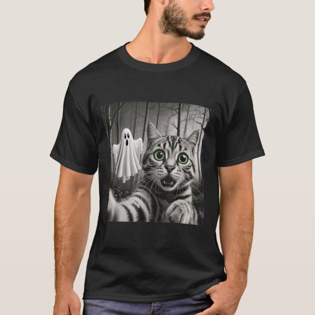 Camiseta Halloween Cat Selfie With Soky Ghost  (Frente)
