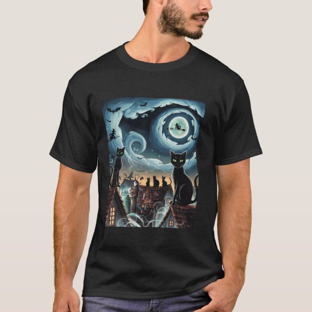 Camiseta Halloween Cat Van Gogh Starry Night Pumpkin Presen (Frente)