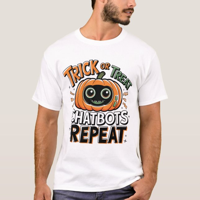 Camiseta 🤖 Halloween Chatbot AI Engraçado ou 👻 Tratar 🎃 (Frente)