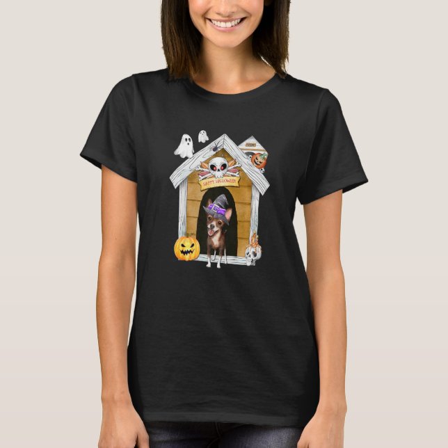 Camiseta Halloween Chihuahua Dog Witch Haunted House (Frente)