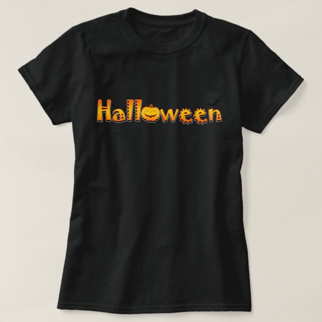 Camiseta Halloween com morcegos e abóbora (Frente do Design)