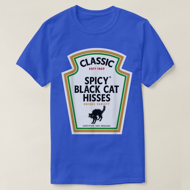 Camiseta Halloween Condiment Bottle  Spicy Black Cat Hisses (Frente do Design)