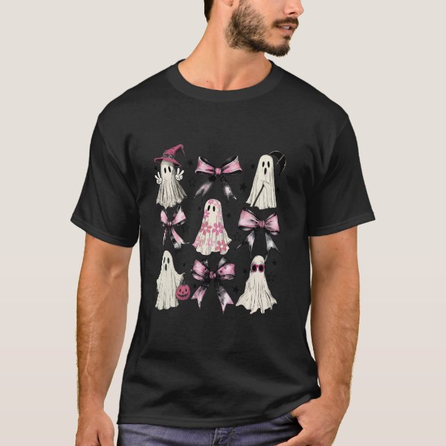 Camiseta Halloween Coquette Fantasma Arco Rosa Gótico Preto (Frente)