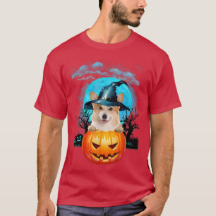 Camiseta Halloween Corgi Witch Pumpkin E Blue Moon
