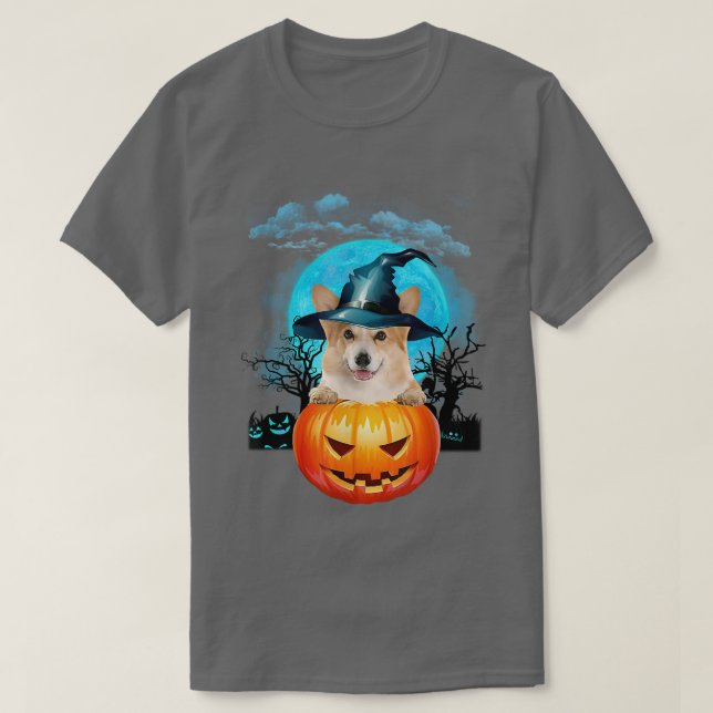 Camiseta Halloween Corgi Witch Pumpkin E Blue Moon (Frente do Design)