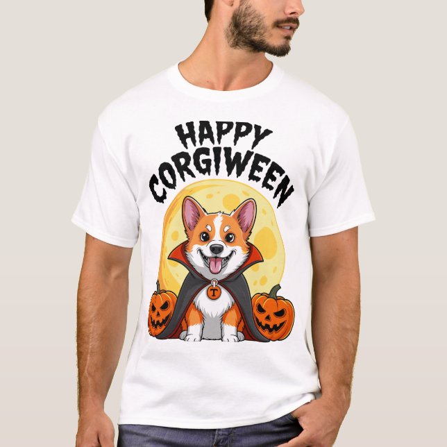 Camiseta Halloween Corgiween, Corgi Cachorro Assustador (Frente)