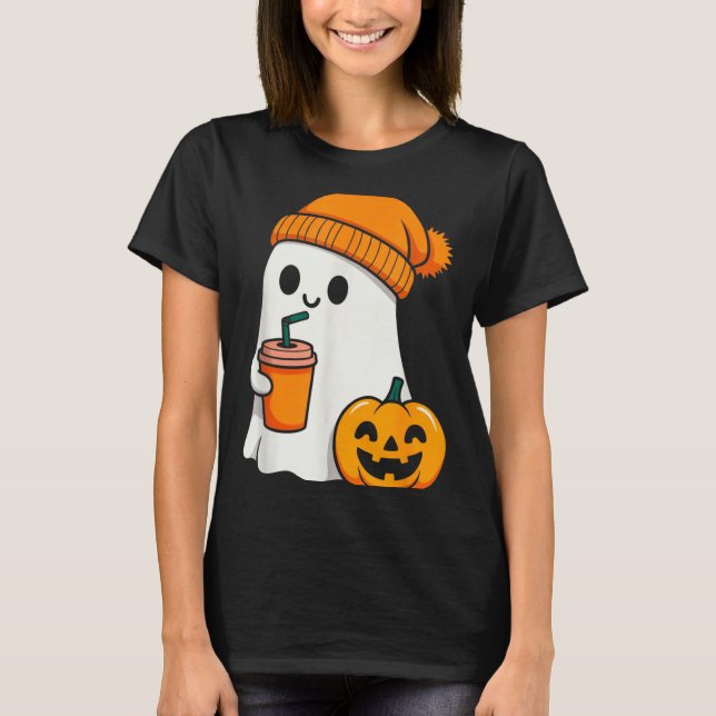 Camiseta Halloween Costume Ghost Drinking Pumpkin Men Women (Frente)