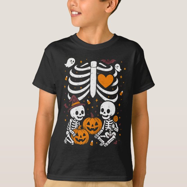 Camiseta Halloween Costume Pregnant Woman Twins Pumpkin Rib (Frente)