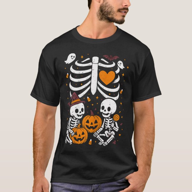 Camiseta Halloween Costume Pregnant Woman Twins Pumpkin Rib (Frente)