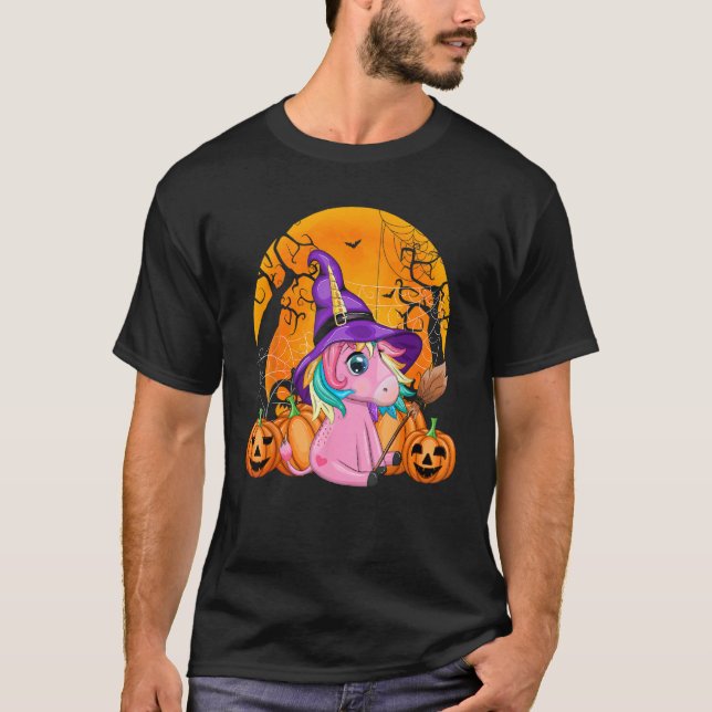 Camiseta Halloween Costume Unicorn Witch Hat Pumpkin Kids G (Frente)