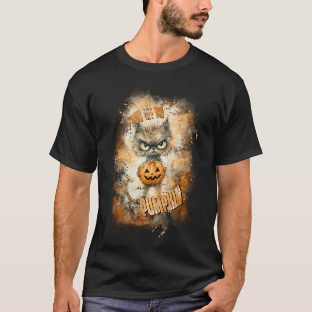 Camiseta Halloween Cranky Cat Com Abóbora (Frente)