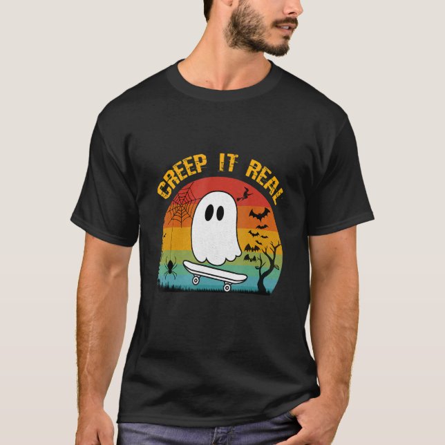 Camiseta Halloween Creep It Retro Skateboard Ghost (Frente)